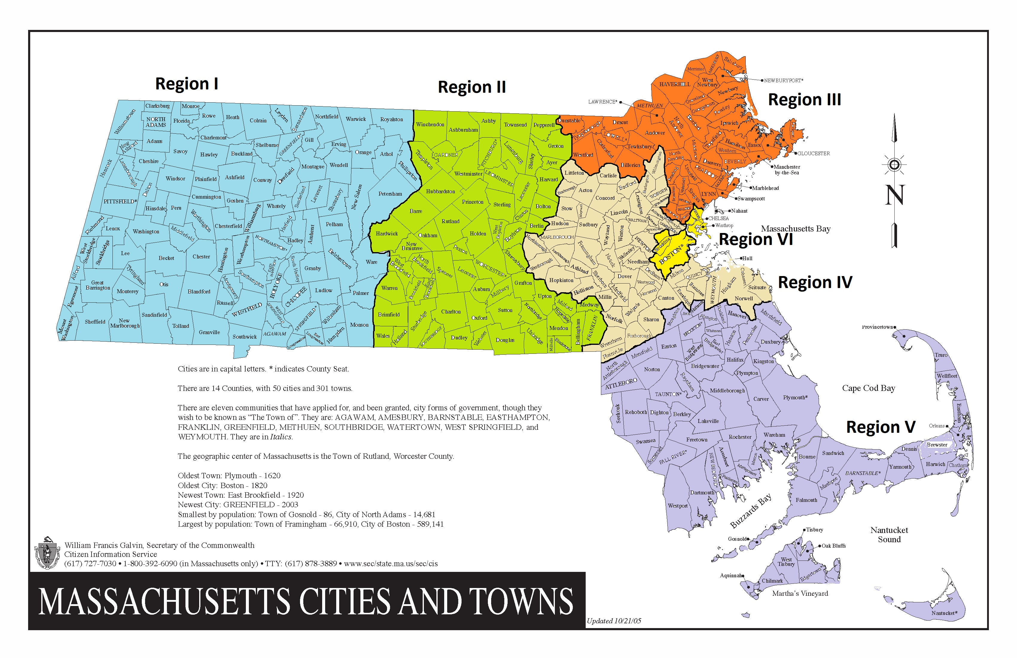 A color-coded map of Massachusetts depicting the six MCB regions. Region 1 is Western Massachusetts. Region 2 is Central Massachusetts. Region 3 is Northeast Massachusetts. Region 4 is MetroWest. Region 5 is Southeatern Massachusetts, Cape Cod, and the Islands. Region 6 is Greater Boston.