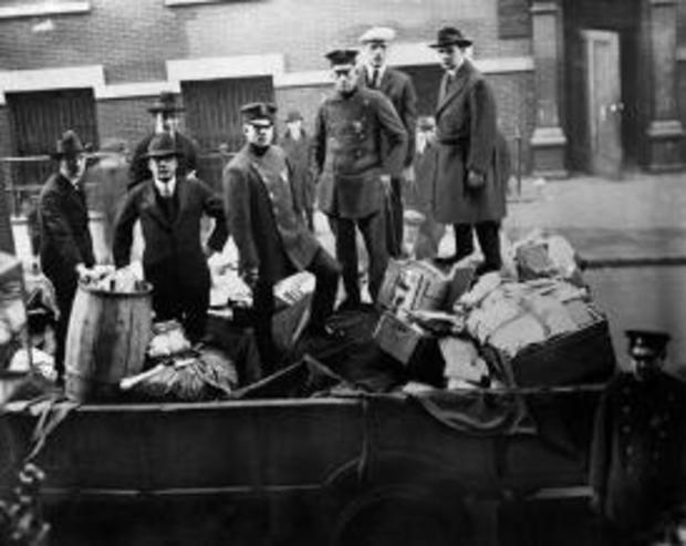 November 1919 photo of Boston police with seized radical literature