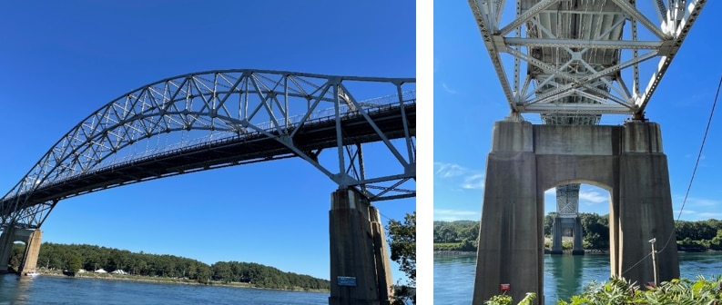 Two views of the undersides of the Cape Cod Bridges on a sunny day