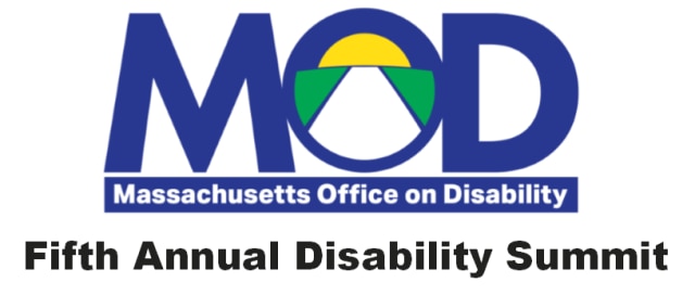 MOD Blue Logo-sunrise inside of the O- Massachusetts Office on Disability spelled out below in white text with the words "fifth annual disability summit" in black text underneath