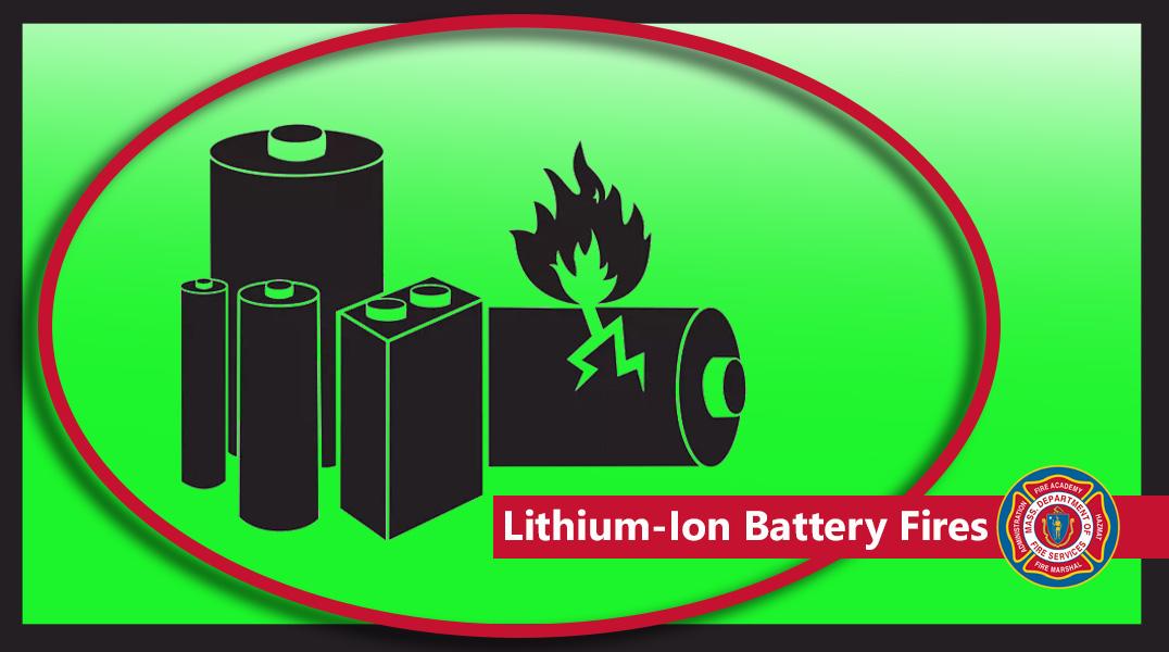 Picture of burning batteries with the words "lithium-ion battery fires"