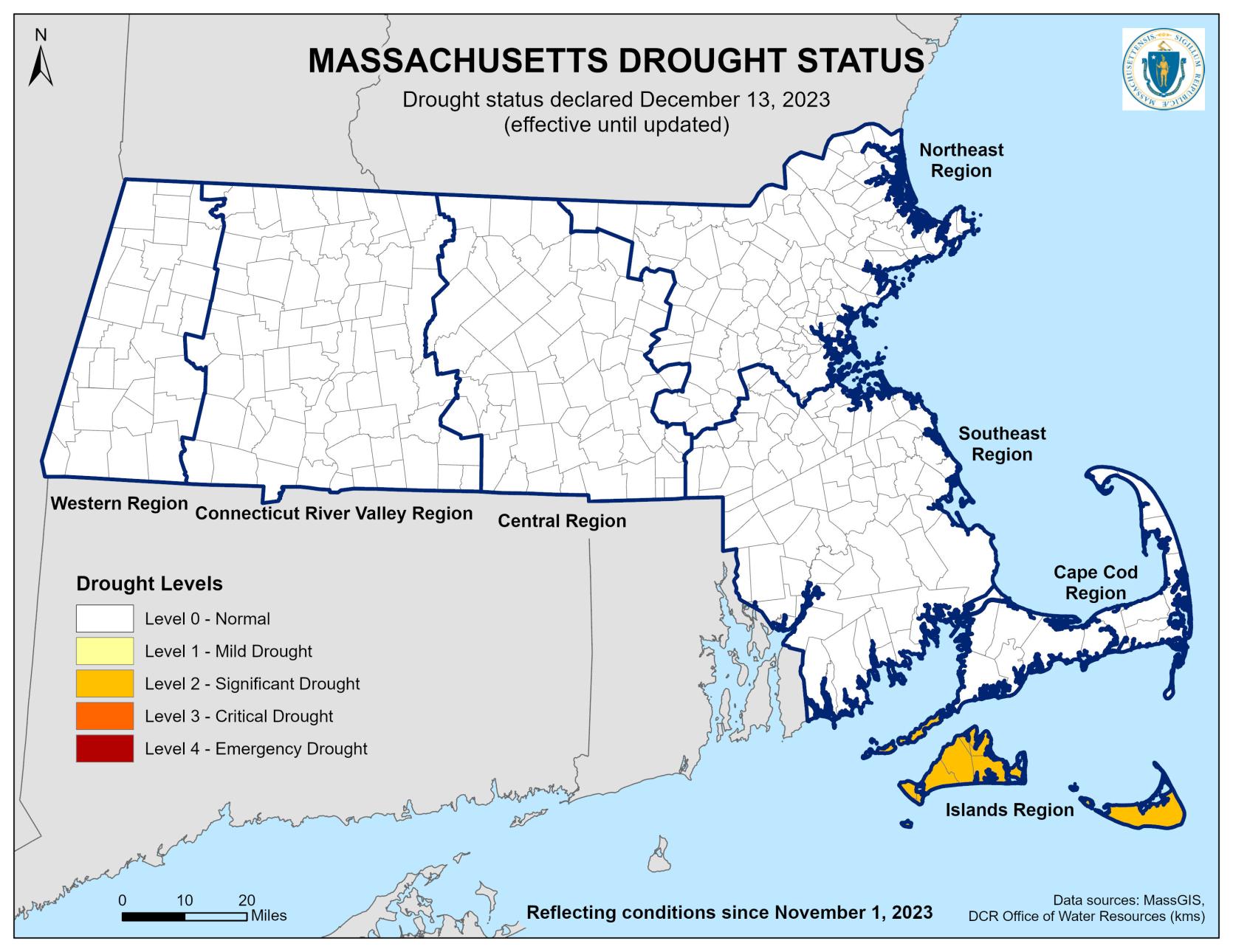 Map shows Massachusetts Regions experiencing drought conditions.