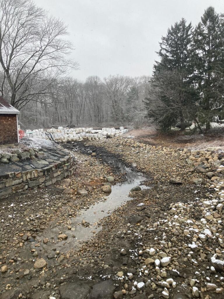 High Street Dam removal site on Town River in Bridgewater.  Showing near completed channel creation post-removal. 