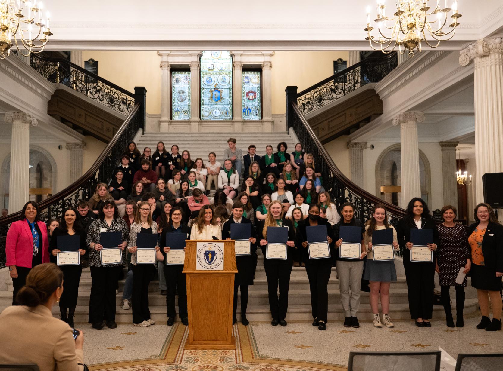 Lt. Governor Kim Driscoll joined by EEA Secretary Rebecca Tepper, MDAR Commissioner Ashley Randle and inaugural members of the Agricultural Youth Council during Ag Day at the State House