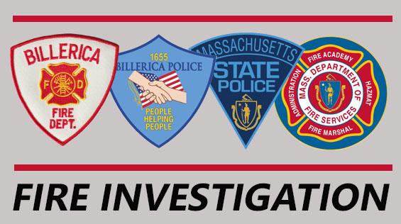 Patches of the Billerica Fire Department, Billerica Police, State Police, and State Fire Marshal's office with the words "Fire investigation"