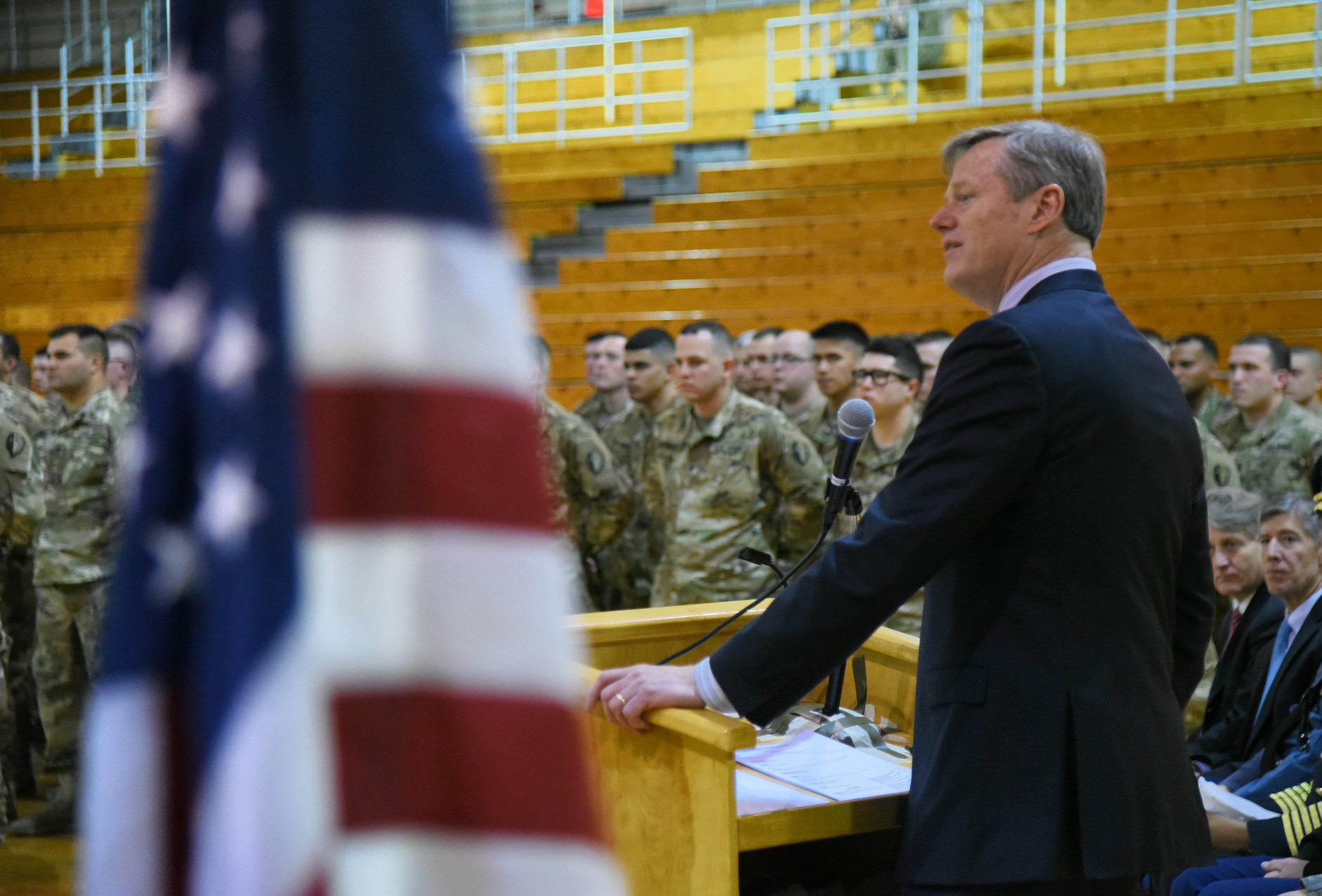 Governor Baker addresses the 181st Infantry Sendoff at UMass Amherst.