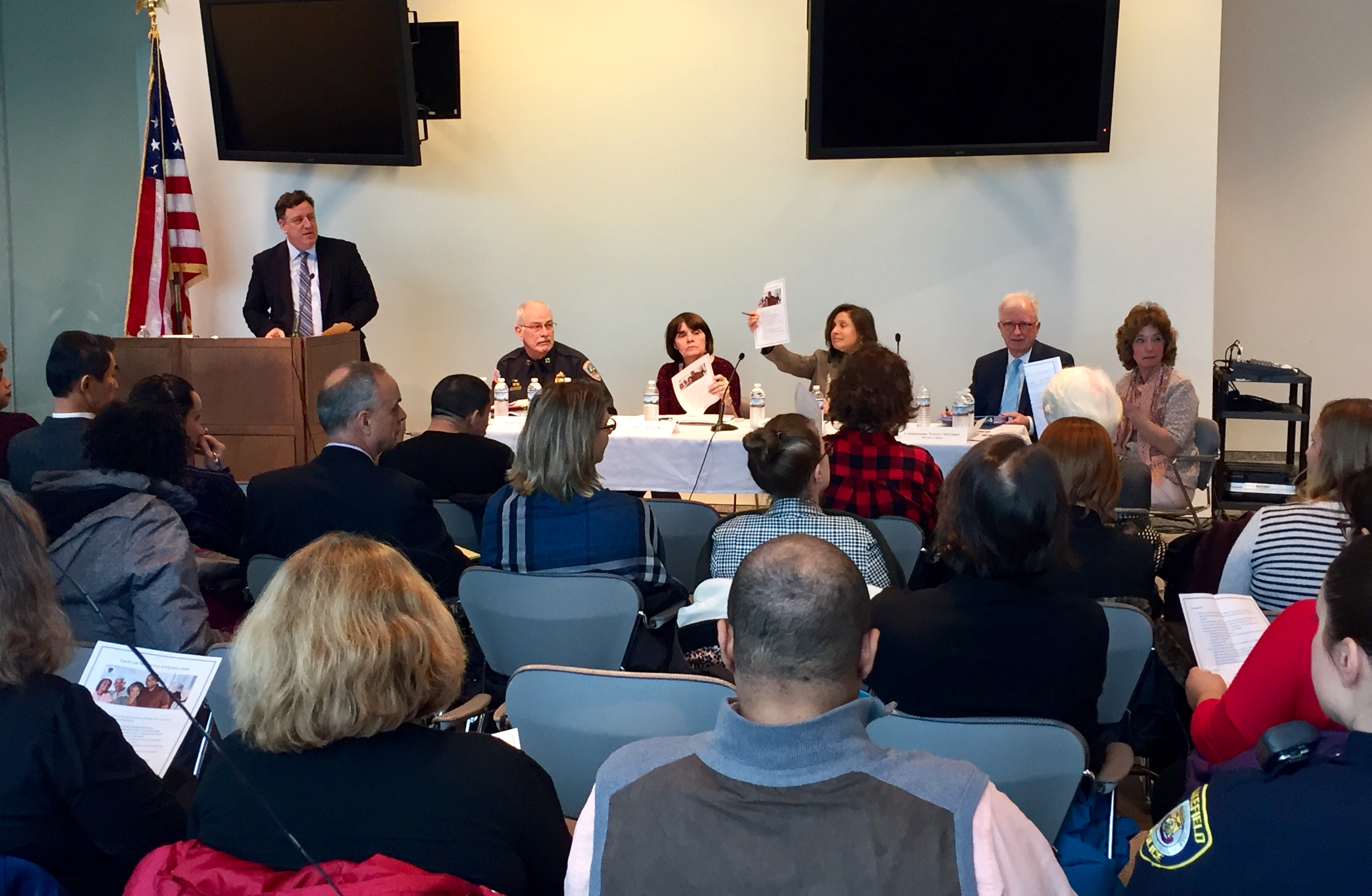 Undersecretary Chapman, Belmont Police Chief Richard McLaughlin, District Attorney Ryan, Secretary Bonner, Commissioner McGinnis, and Marla Snyder, Vice President of Compliance at the Savings Bank in Wakefield, MA address audience questions on the topic of elder financial abuse