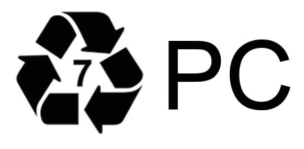 A number 7 recycling symbol and the letters “PC”. This means the bottle contains BPA.