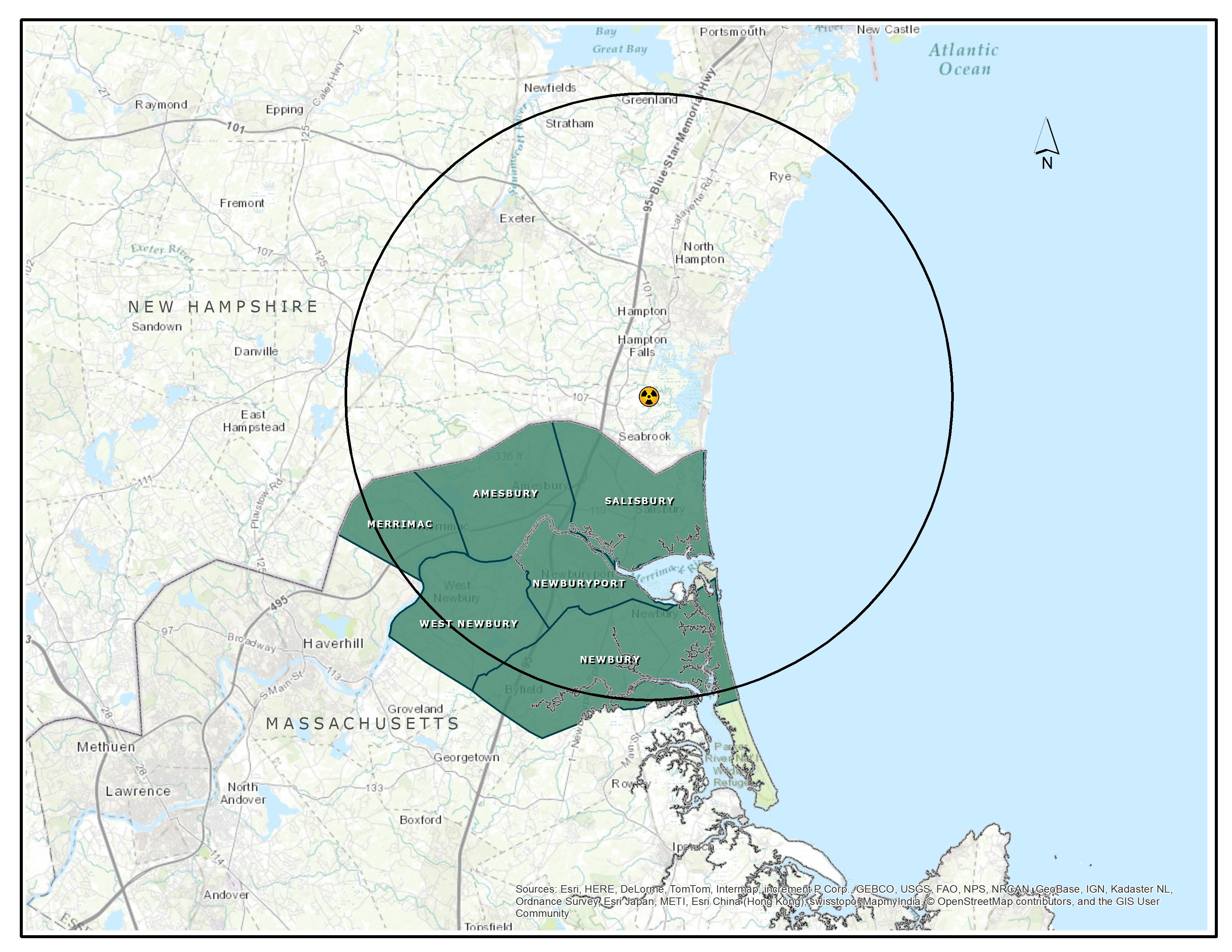 Map showing 10 mile radius around Seabrook Nuclear Power Plant. Communities of Amesbury, Merrimac, Newbury, Newburyport, Salisbury, and West Newbury are in the 10 mile Emergency Planning Zone