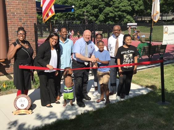 Massachusetts Department of Conservation and Recreation Commissioner Leo Roy joined with state and local officials to celebrate the opening of the new spray deck at the Melnea A. Cass Recreational Complex