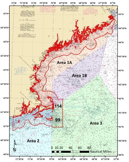 Herring Management Areas 1A, 1B, 2, and 3 with the 12-nautical mile buffer zone adopted by the NEFMC (outlined in red). The buffer zone runs from the Canadian border to Montauk and includes blocks 99 and 114 eastward of Cape Cod. Image courtesy of NEFMC.