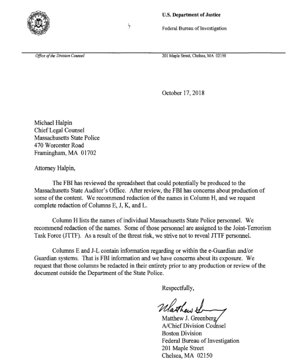 A letter from the FBI expressing its concerns with providing information requested by the Office of the State Auditor.