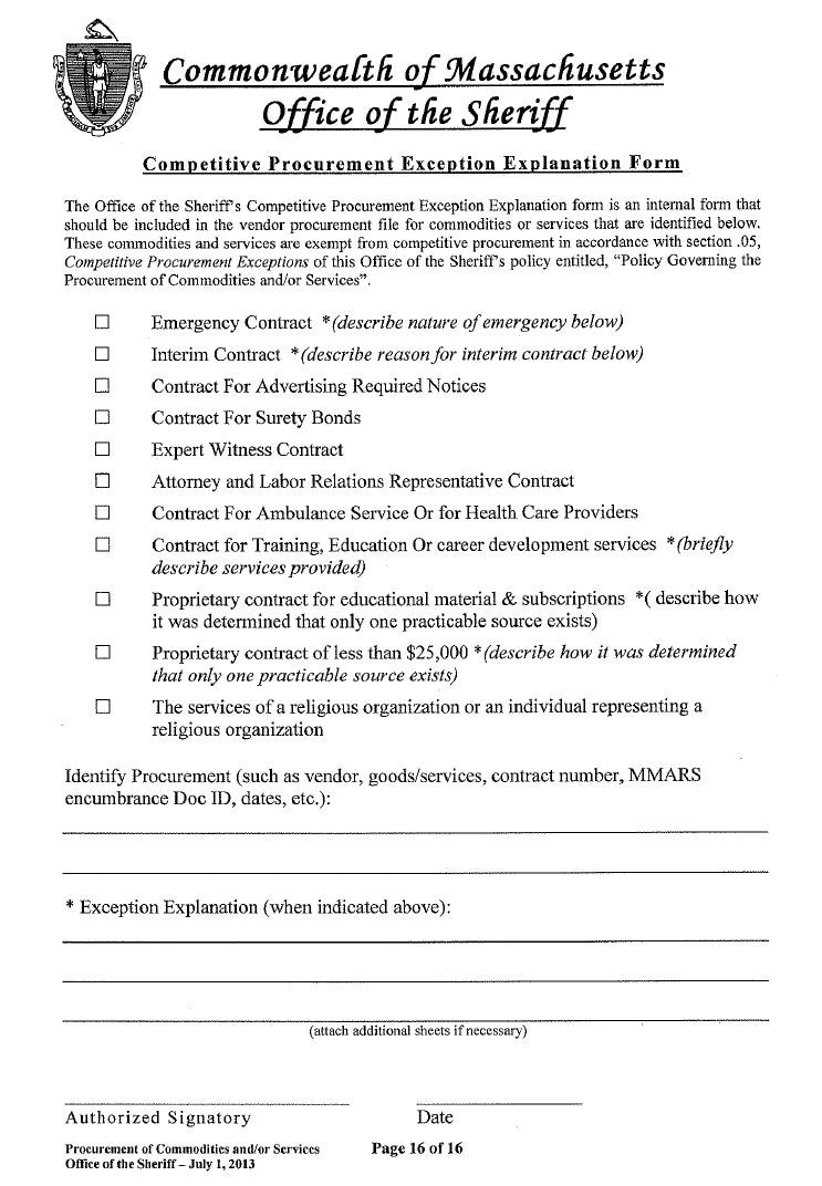 A copy of the Competitive Procurement Exception Explanation Form