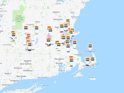 Map of Massachusetts with rainbow location markers