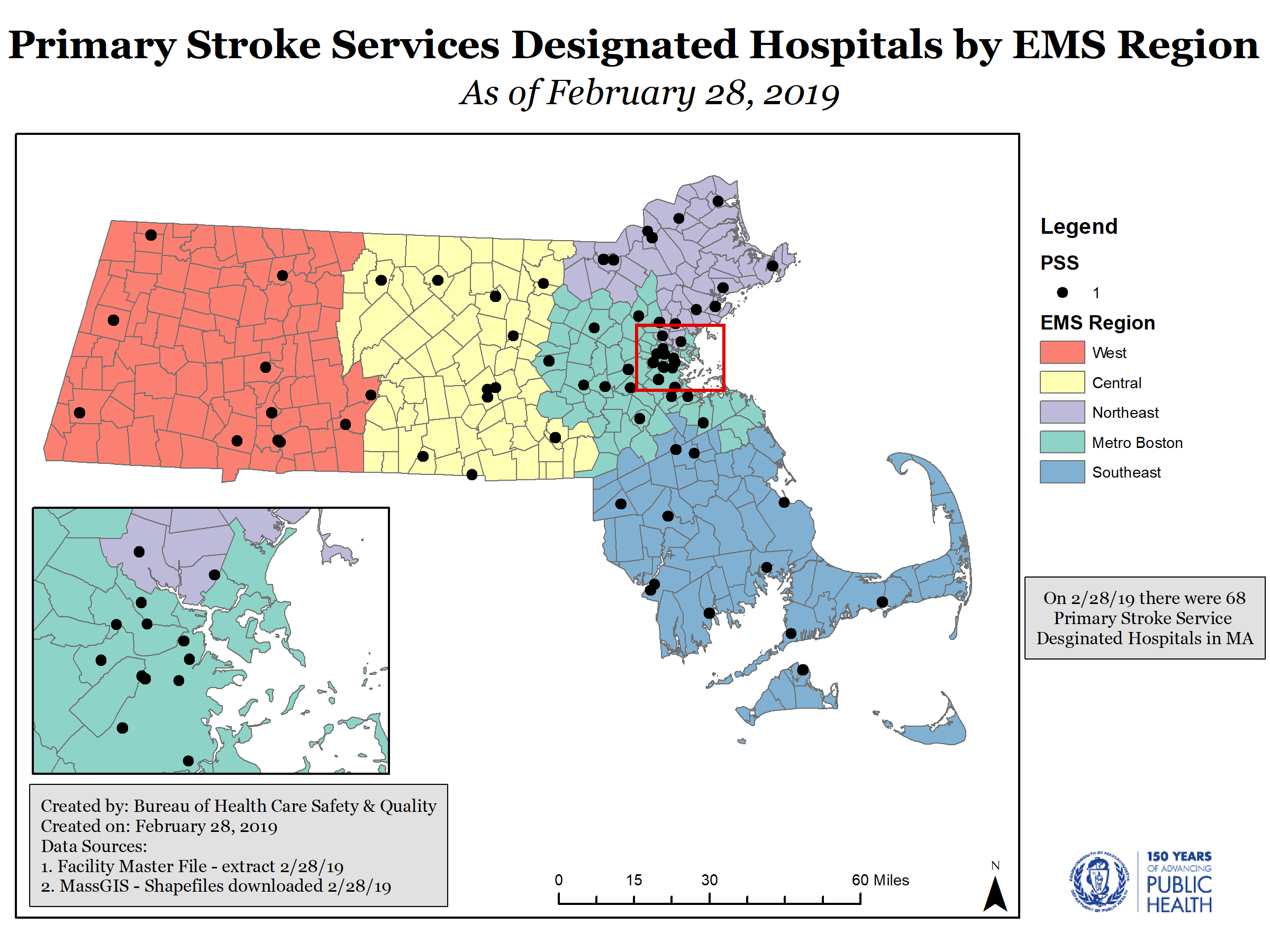 Map of Massachusetts with placement of 68 primary stroke service designated hospitals by location in West, Central, Northeast, Metro Boston, and Southeast regions.