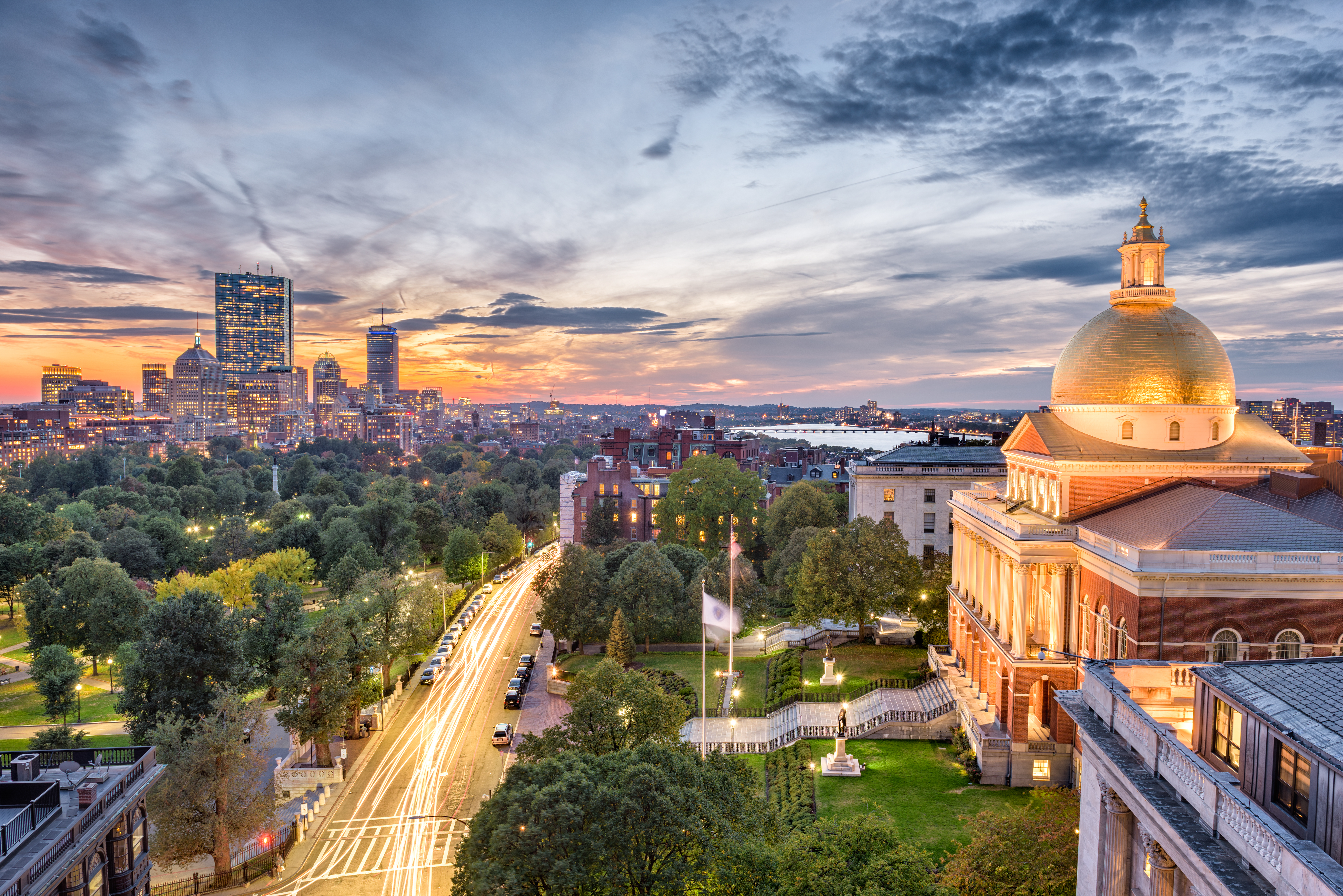 Massachusetts Statehouse at dusk.