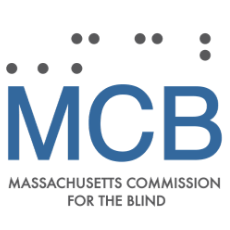 MCB Logo with Braille over M C B and Massachusetts Commission for the Blind spelled out underneath