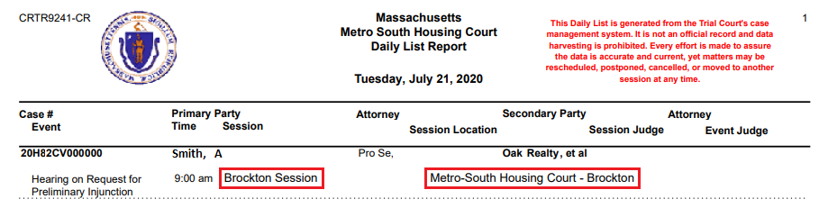 Metro South Housing Court daily list screenshot
