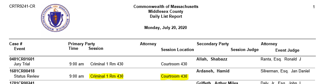 A screenshot of the Middlesex County Superior Court’s Daily List Report