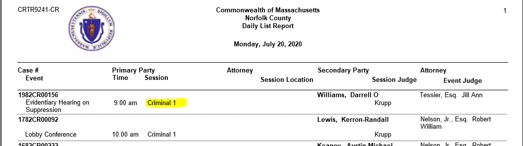 A screenshot of the Norfolk County Superior Court’s Daily List Report