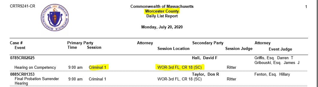 Screenshot of the Worcester Superior Court’s Daily List Report