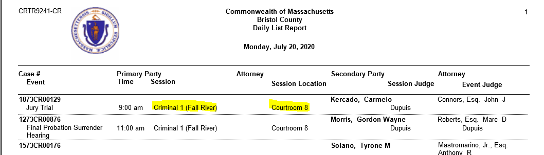 Example of Bristol County daily list report