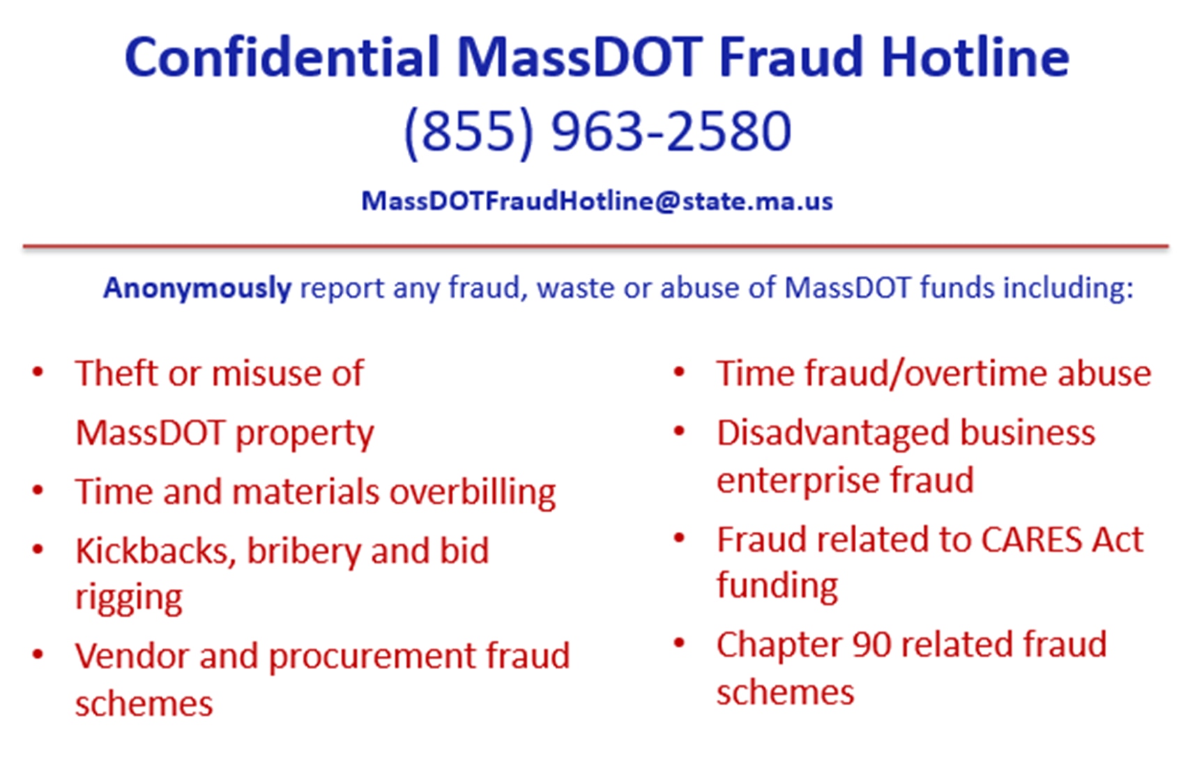 Confidential MassDOT fraud hotline graphic