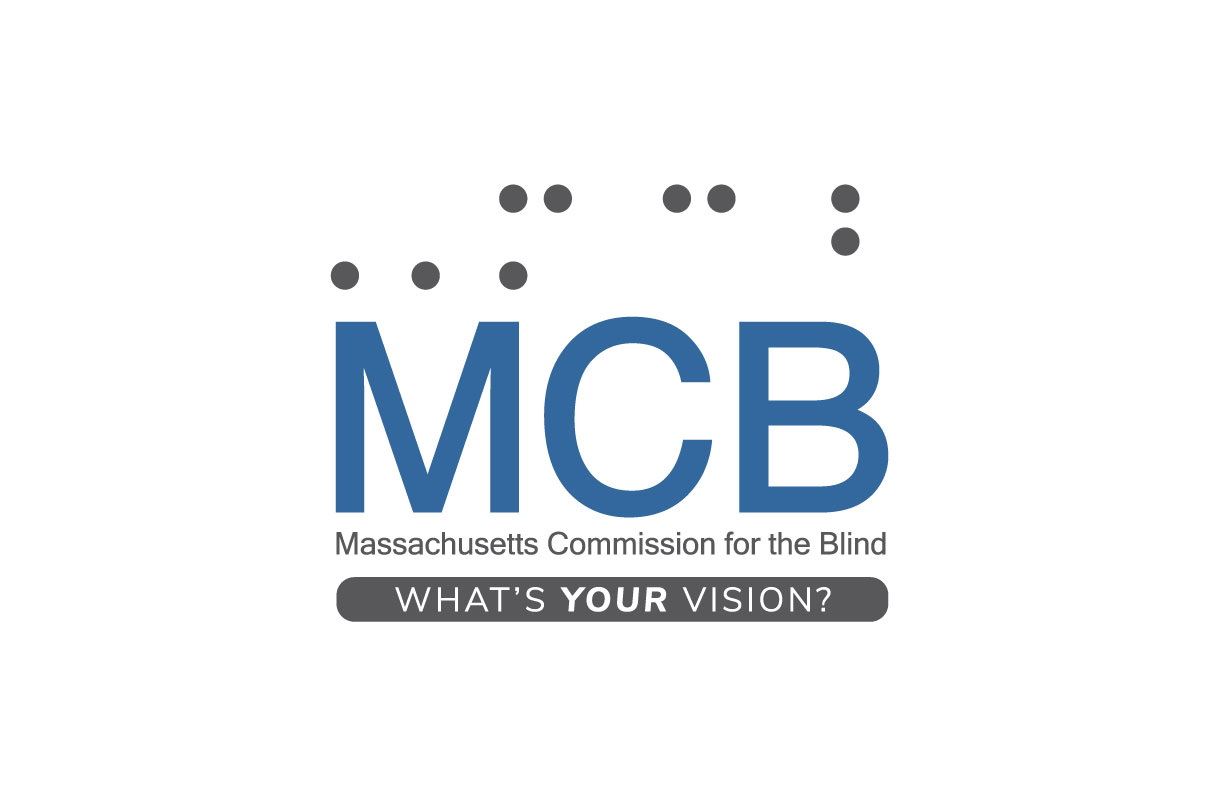 MCB Logo with Braille over M C B and Massachusetts Commission for the Blind spelled out underneath