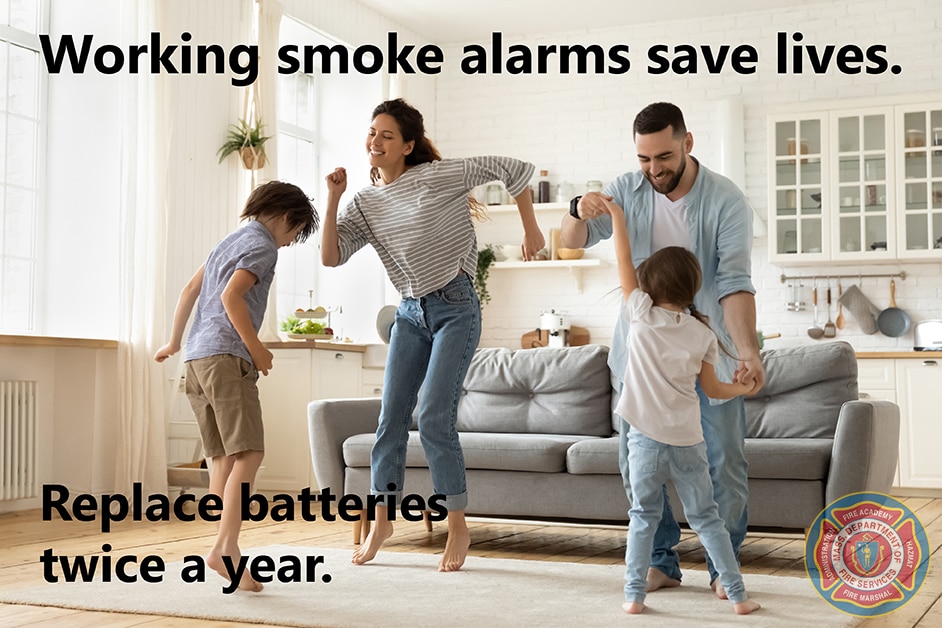 Family dancing with the words, "Smoke alarms save lives."