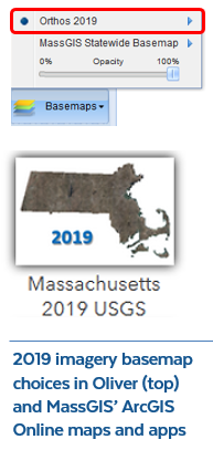 2019 imagery basemap chioces in Oliver (top) and MassGIS' ArcGIS Online maps and apps