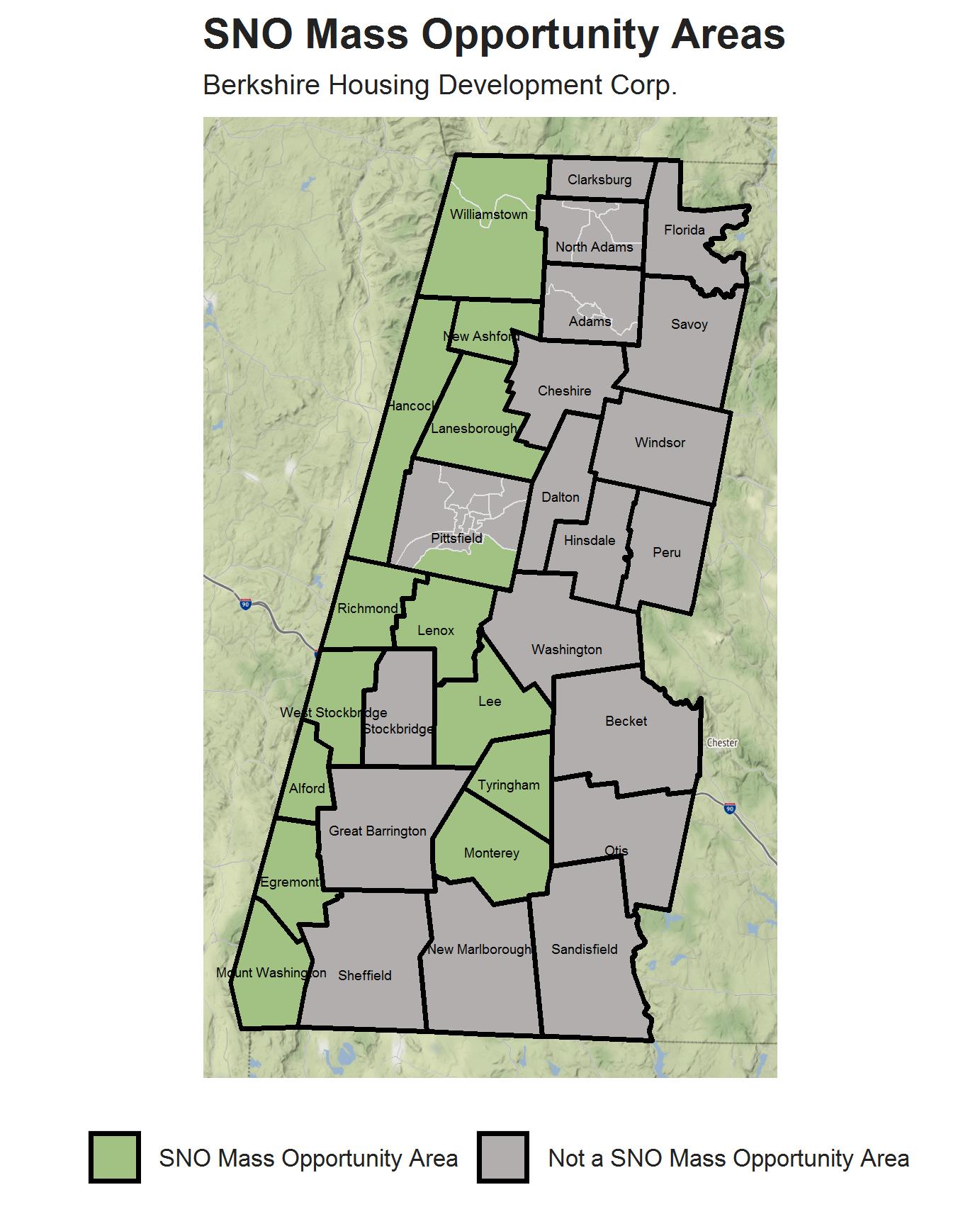 SNO Mass Berkshire County Map that highlights opportunity areas within the region