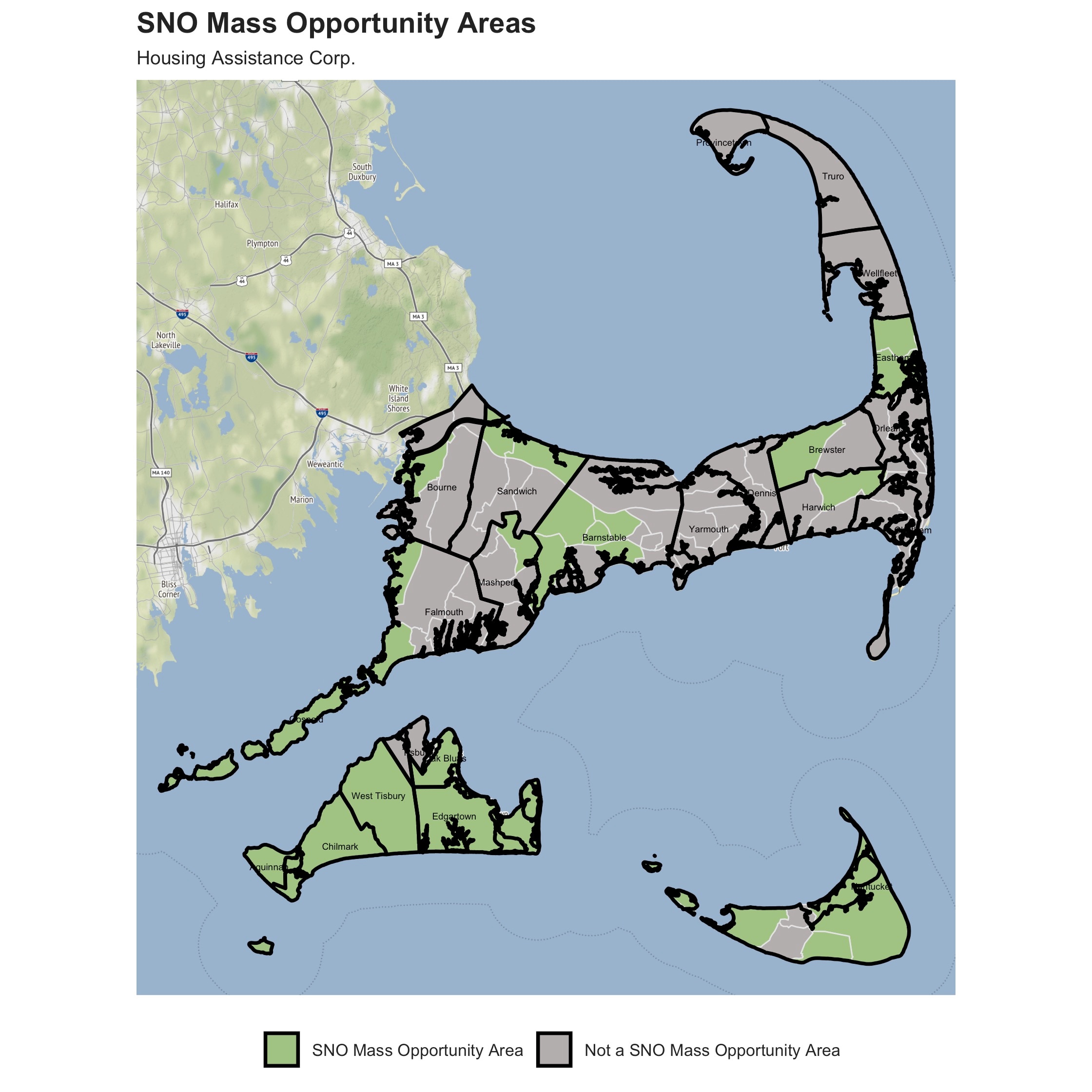 SNO Mass Cape Cod Map that highlights opportunity areas within the region