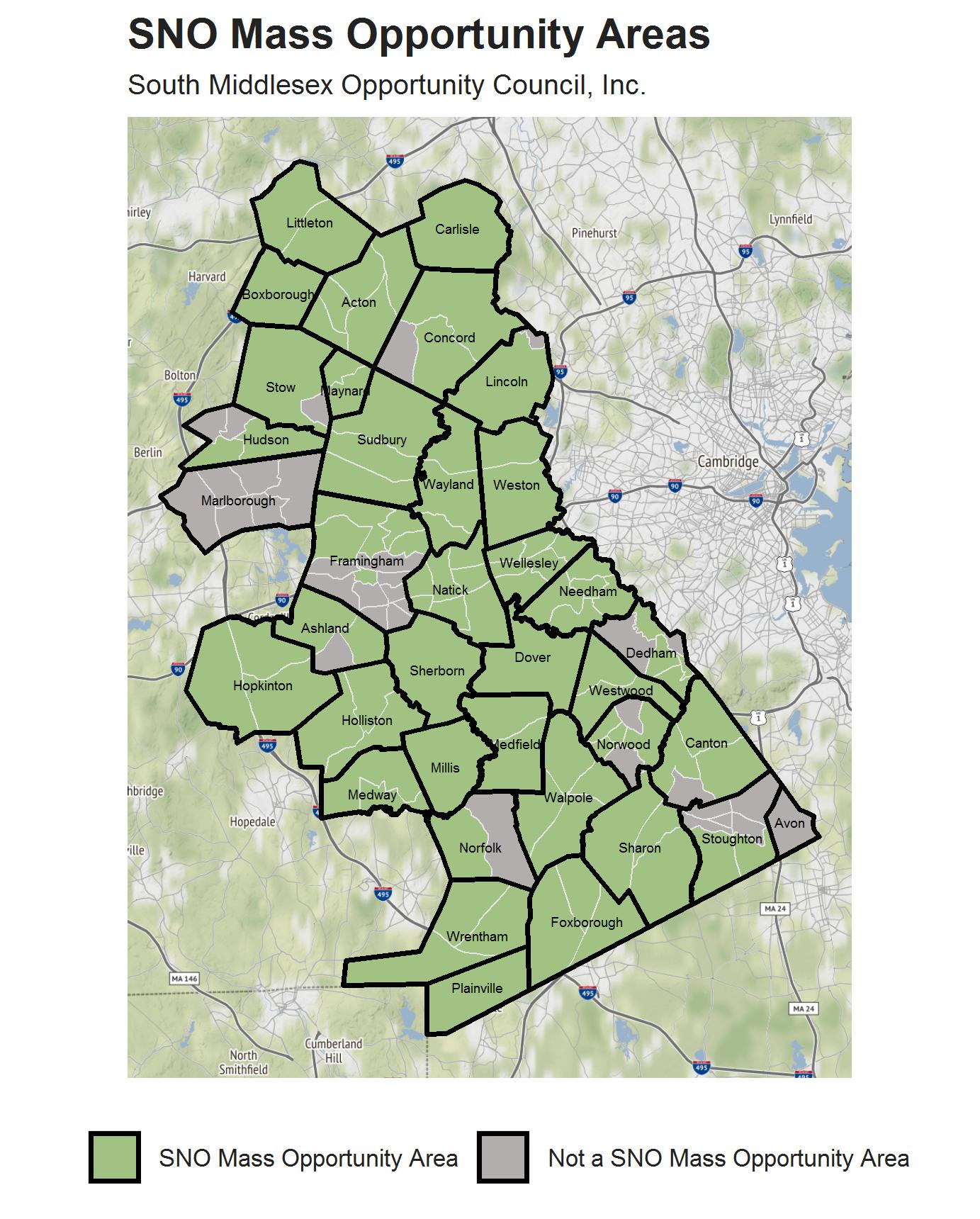 SNO Mass Map of Metro West that highlights opportunity areas within the region