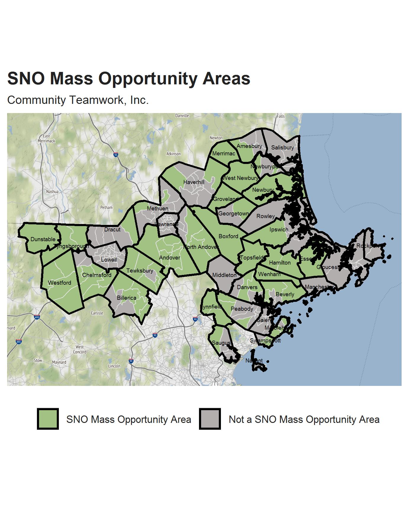SNO Mass Map of North Shore and Merrimack that highlights opportunity areas within the region