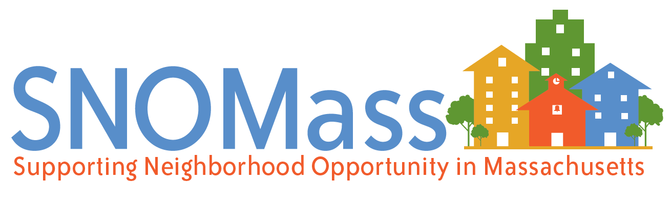 Program Logo. Includes text 'SNO Mass Supporting Neighborhood Opportunity in Massachusetts' and four multicolored houses