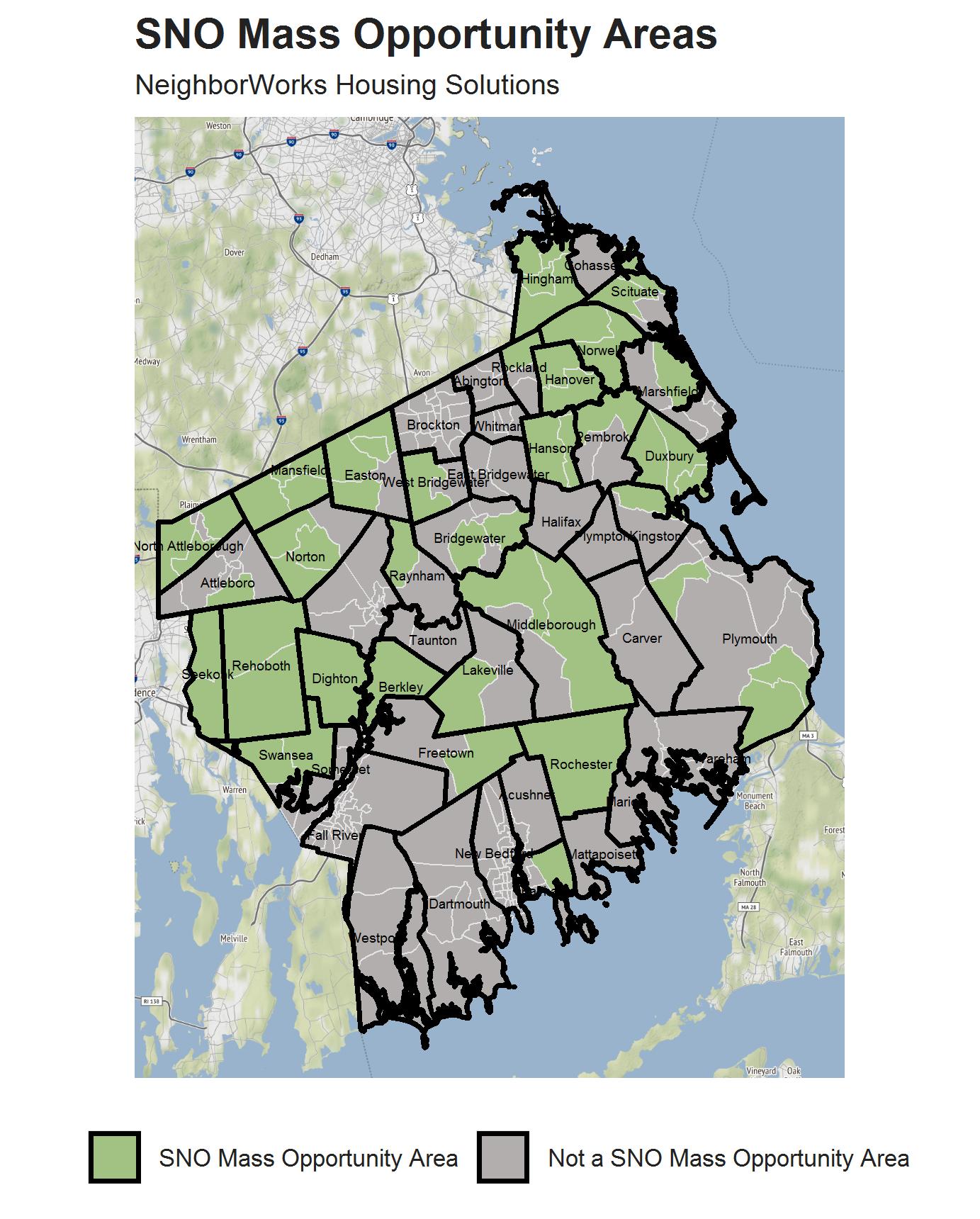 SNO Mass Map of the South Shore that highlights opportunity areas within the region