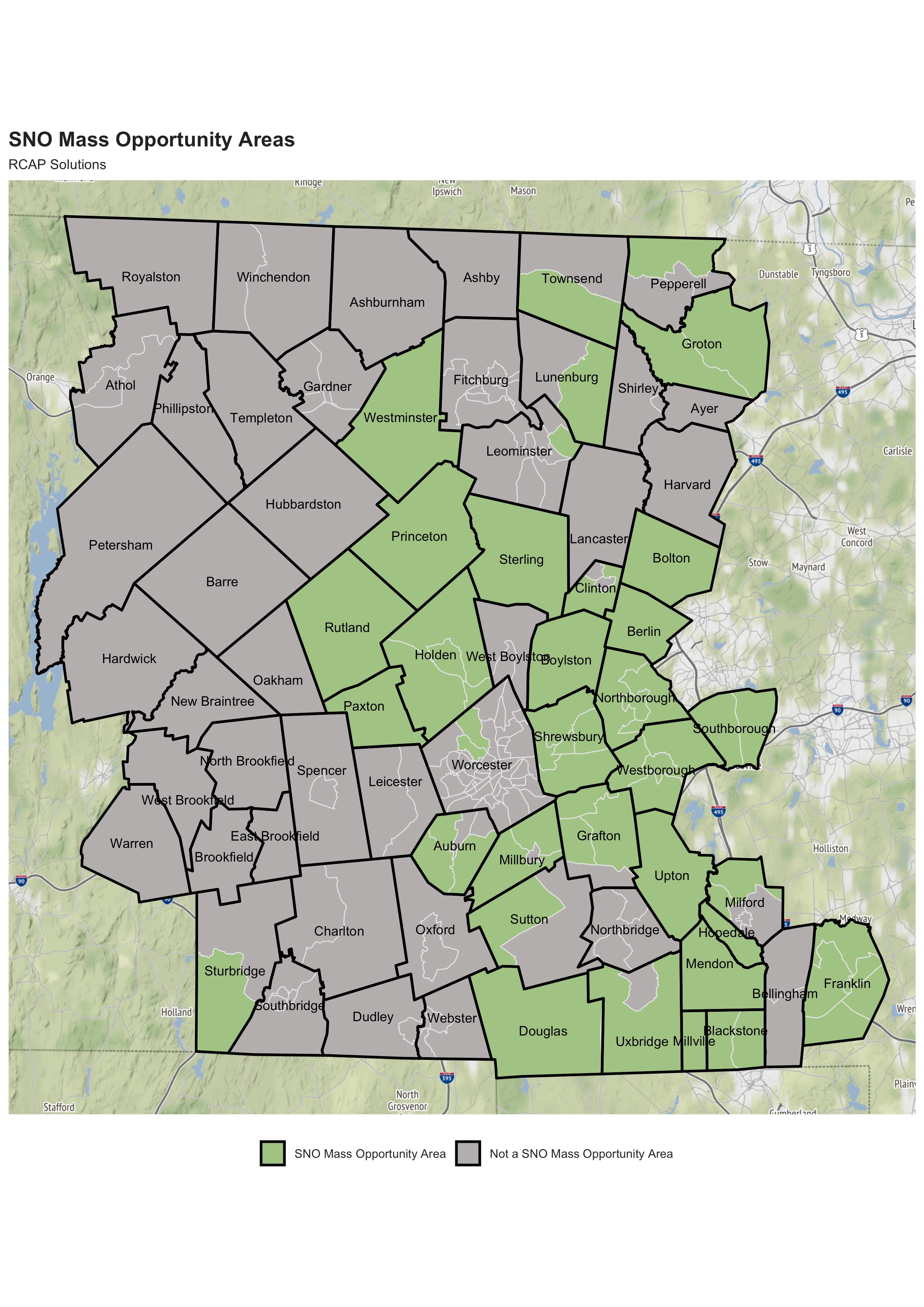 SNO Mass Worcester County Map that highlights opportunity areas within the region