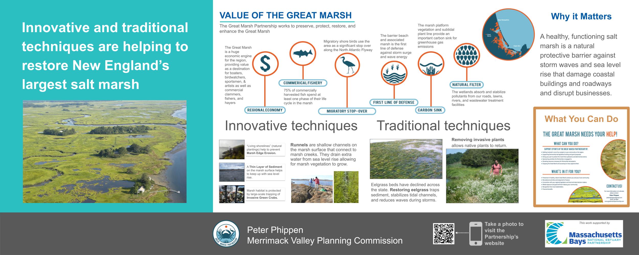 Poster describes traditional and new methods of salt marsh restoration.