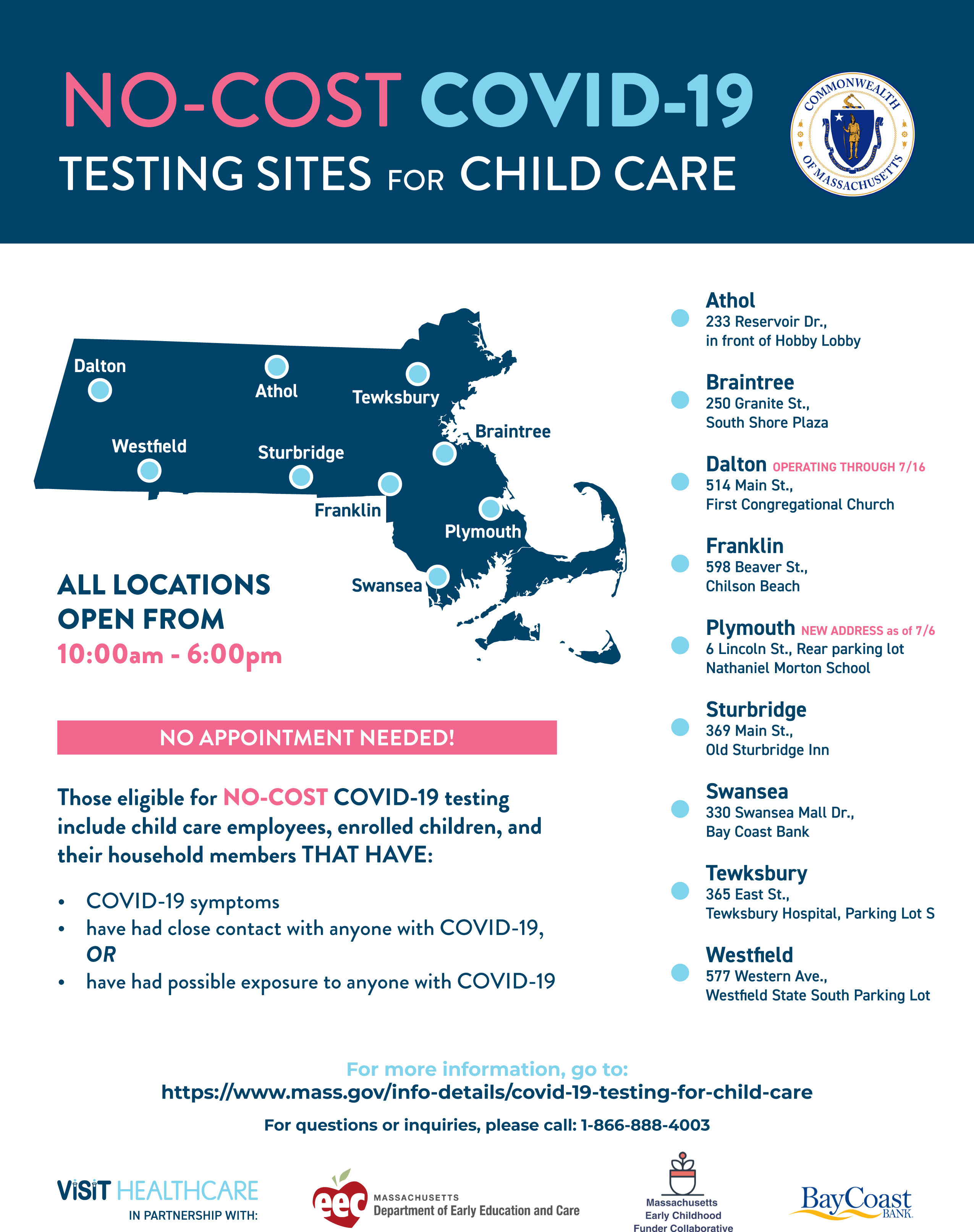 No-Cost COVID-19 Testing Sites for Child Care flyer