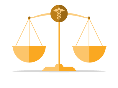 vector graphic of balanced gold scales with a caduceus medical symbol in the center of the scales