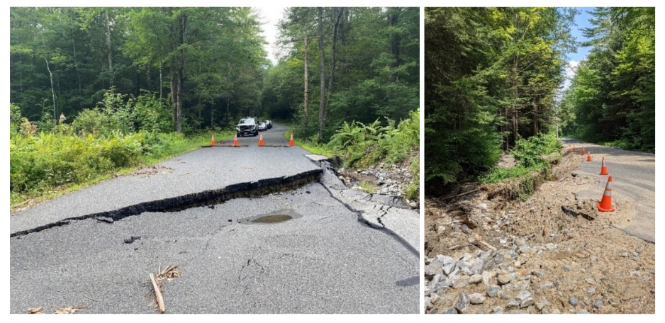 Damage to a road in Warwick (Franklin County) from a storm in July 2021 (left) and damage to Route 78 in Warwick (right). (Left photo courtesy of the Office of Senator Jo Comerford; right photo courtesy of Brian Snell, Warwick Selectboard member)
