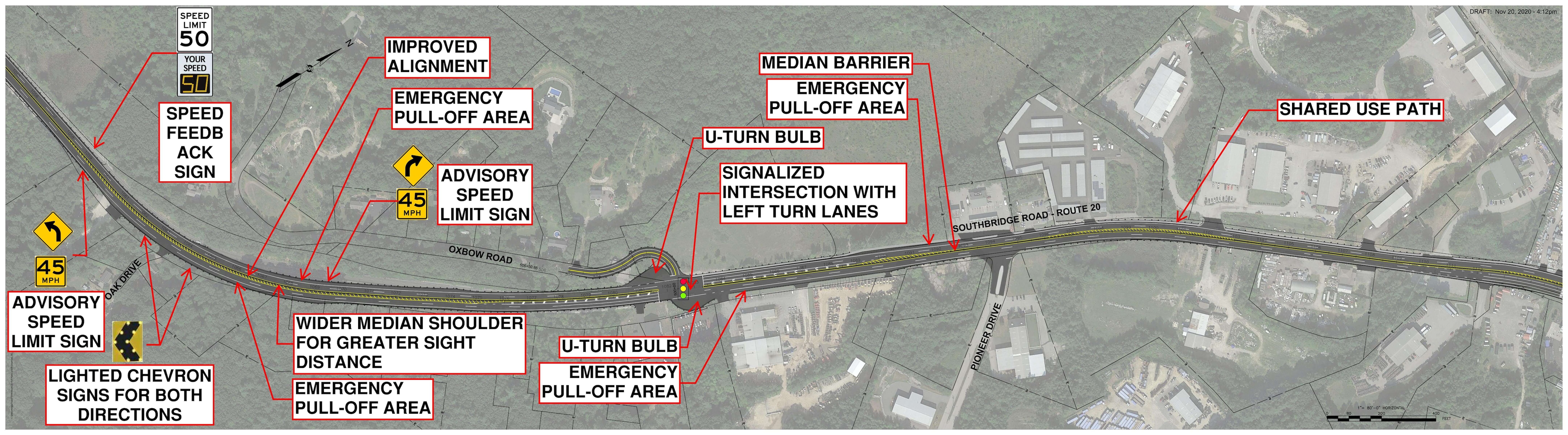 A map illustrating road improvements on Oak Drive to 550 feet west of Route 56 in Oxford, MA