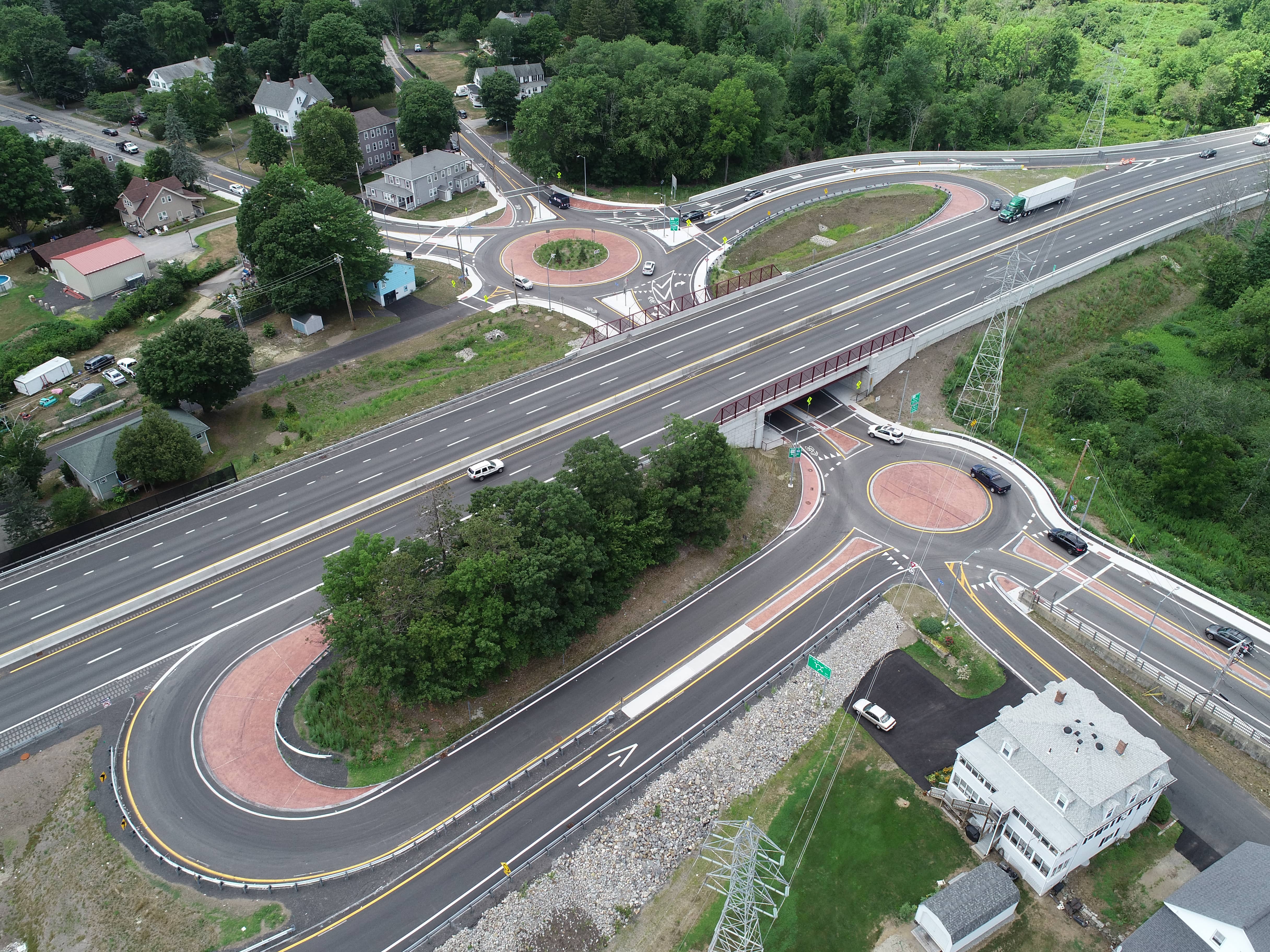 Millbury, Route 146/W. Main Street. Freeway interchange side-by-side roundabouts, one of which being a mini-roundabout.