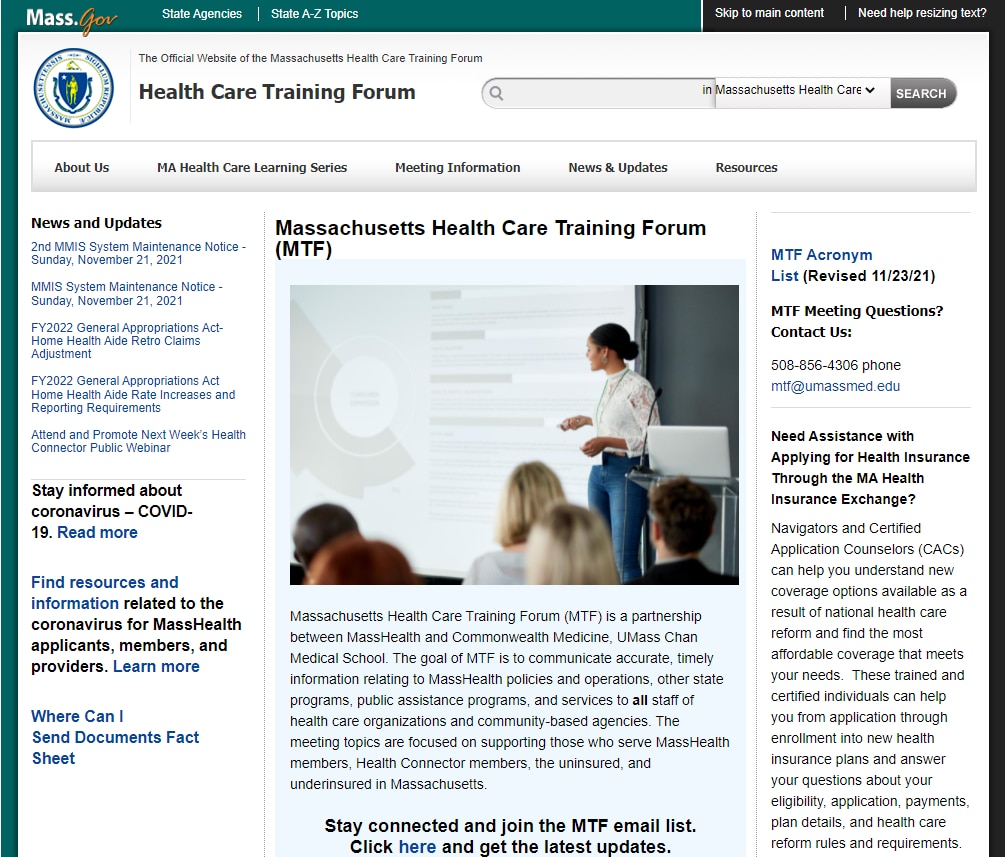 Screenshot of the Massachusetts Health Care Training Forum (MTF) website