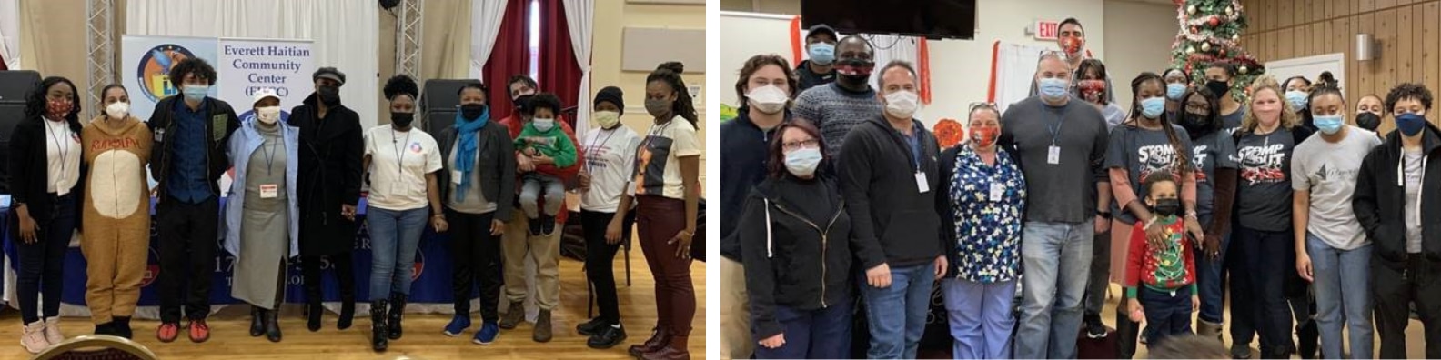 Groups of people in masks at vaccination clinic events in Everett and Brockton