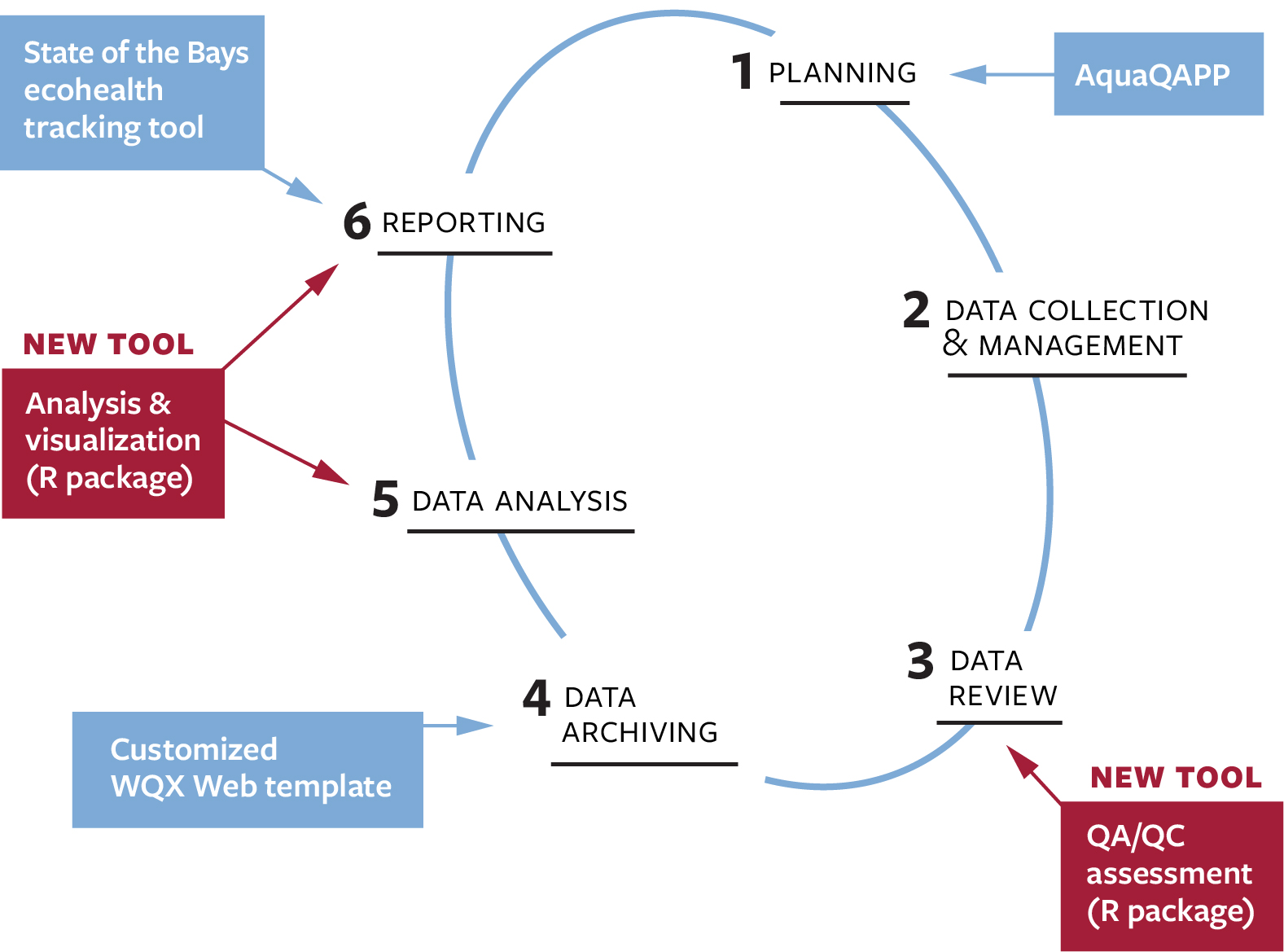 MassBays' EN Projects address the following steps in the Data Management Cycle: Planning (AquaQAPP), Data Review (R package), Data Archiving (Connections to EPA data portal WQX), Data Analysis (R package), and Reporting (R package, Ecohealth Tracking Tool)