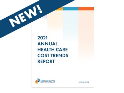 Image shows a cover of the 2021 Annual Health Care Cost Trends Report, with a diagonal navy banner that says "NEW!"