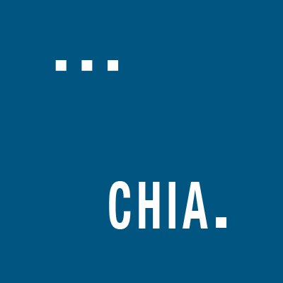 CHIA logo. navy blue square with three white dots in the upper left corner and "CHIA." on the bottom right