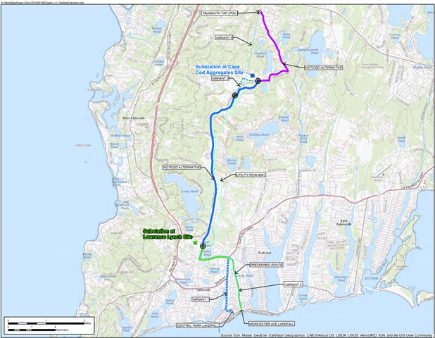 Map image of project onshore routes, landfall to new substance and POI