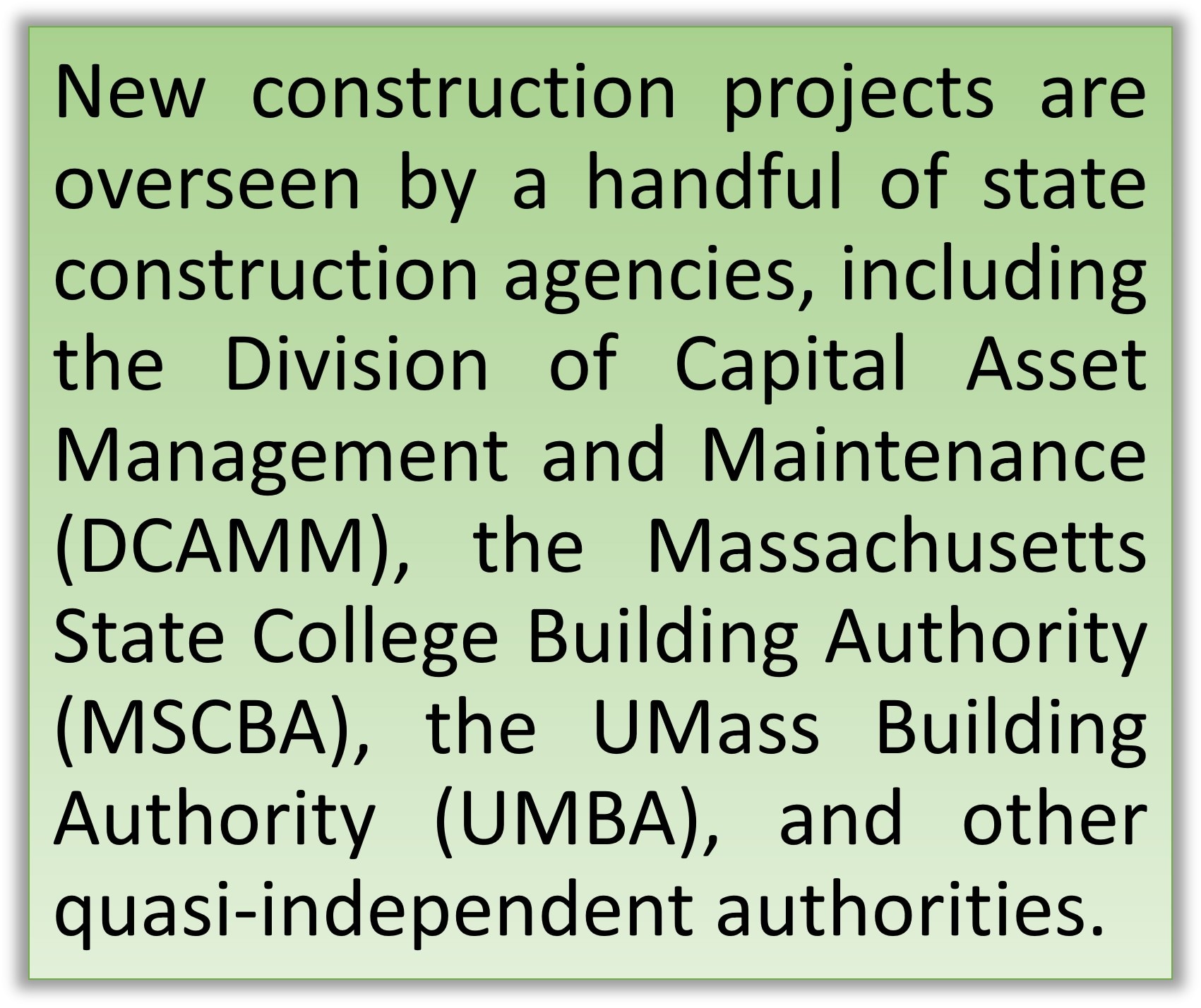 New construction projects are overseen by a handful of state construction agencies, including the Division of Capital Asset Management and Maintenance (DCAMM), the Massachusetts State College Building Authority (MSCBA), the UMass Building Authority (UMBA), and other quasi-independent authorities. 